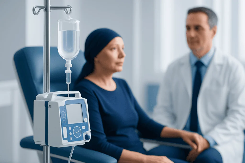 Patient receiving IV chemotherapy treatment in a hospital setting.