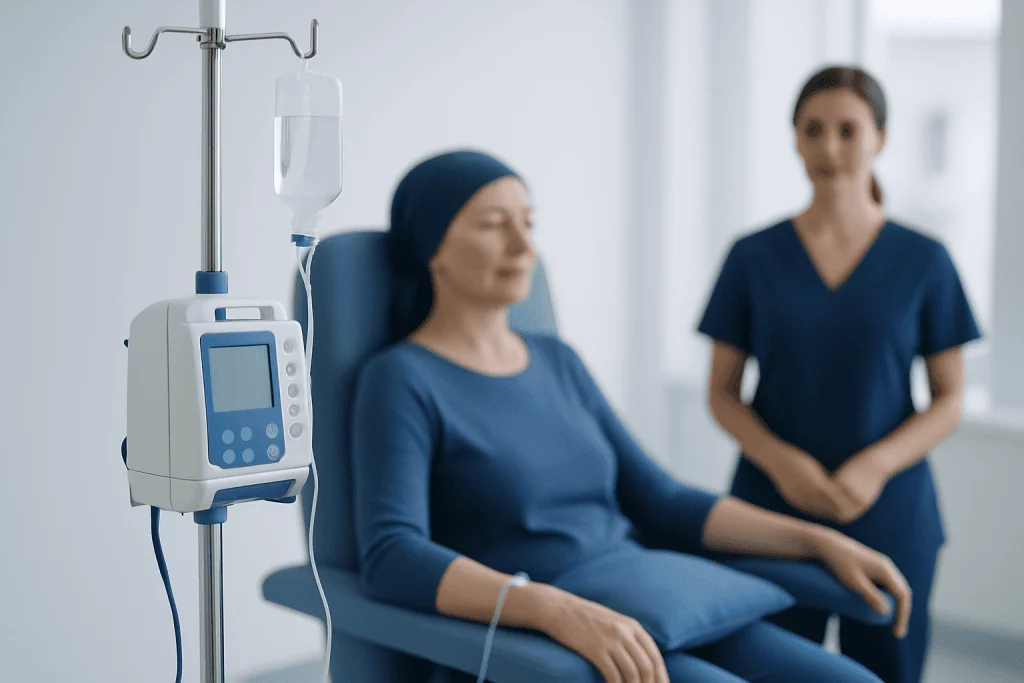Patient receiving IV therapy at Acibadem Hospital with nurse nearby.