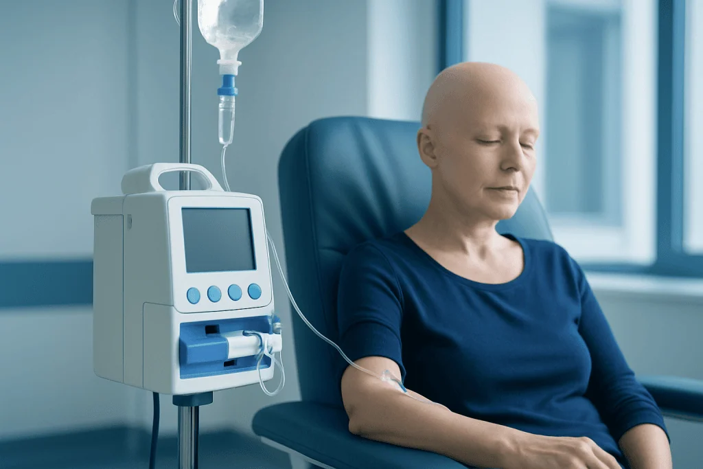 Patient receiving chemotherapy treatment in a hospital setting.
