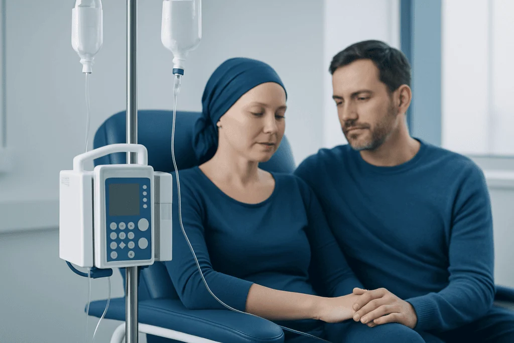 Patient receiving chemotherapy treatment in hospital setting.