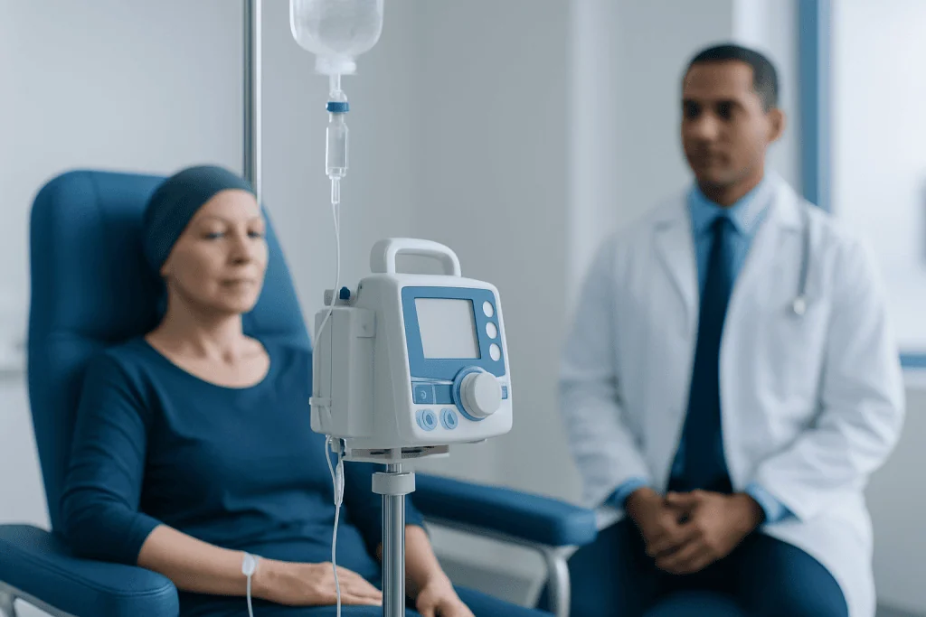 Patient receiving IV therapy in a hospital setting with medical staff present.