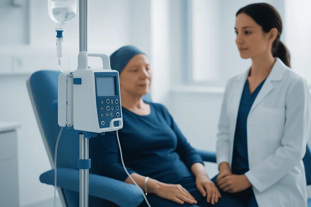 Patient receiving IV therapy in a hospital setting with medical staff present.