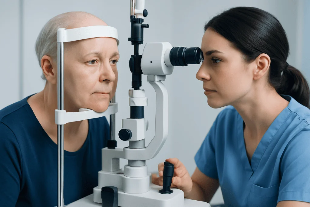 Ophthalmologist examining elderly woman's eyes with slit lamp.