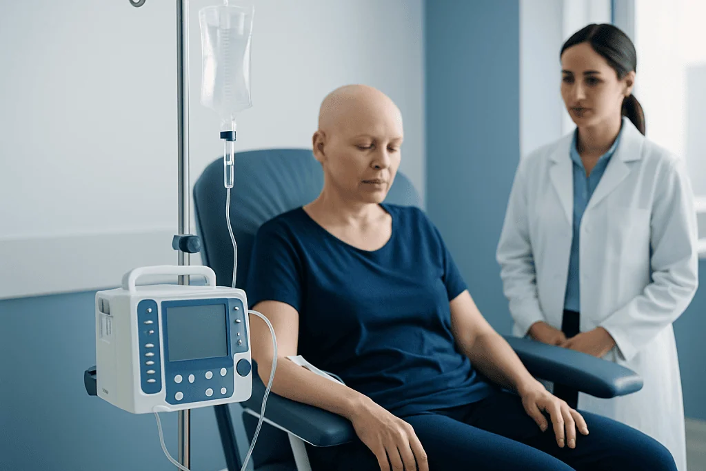 Patient receiving IV therapy in hospital room with medical staff present.
