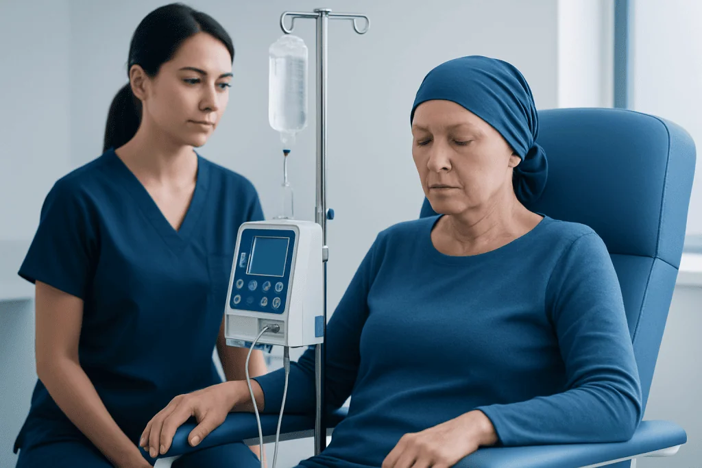 Patient receiving IV therapy in a hospital setting with nurse assistance.