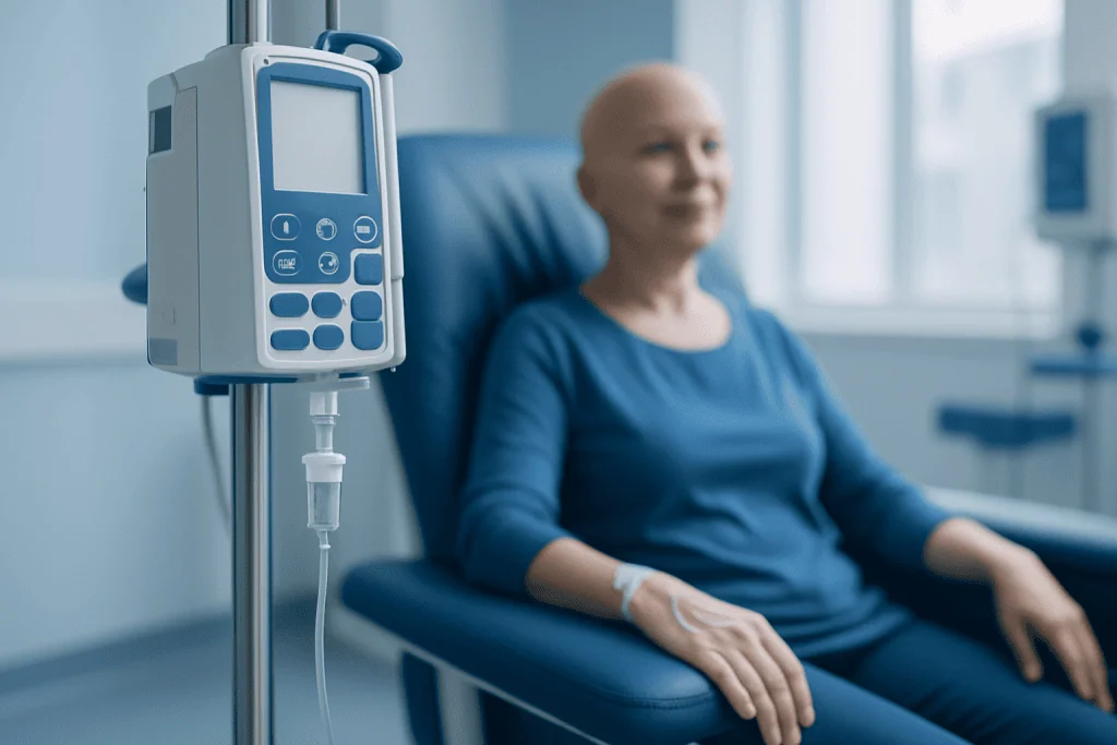 Cancer patient receiving IV therapy at Acibadem Hospital.