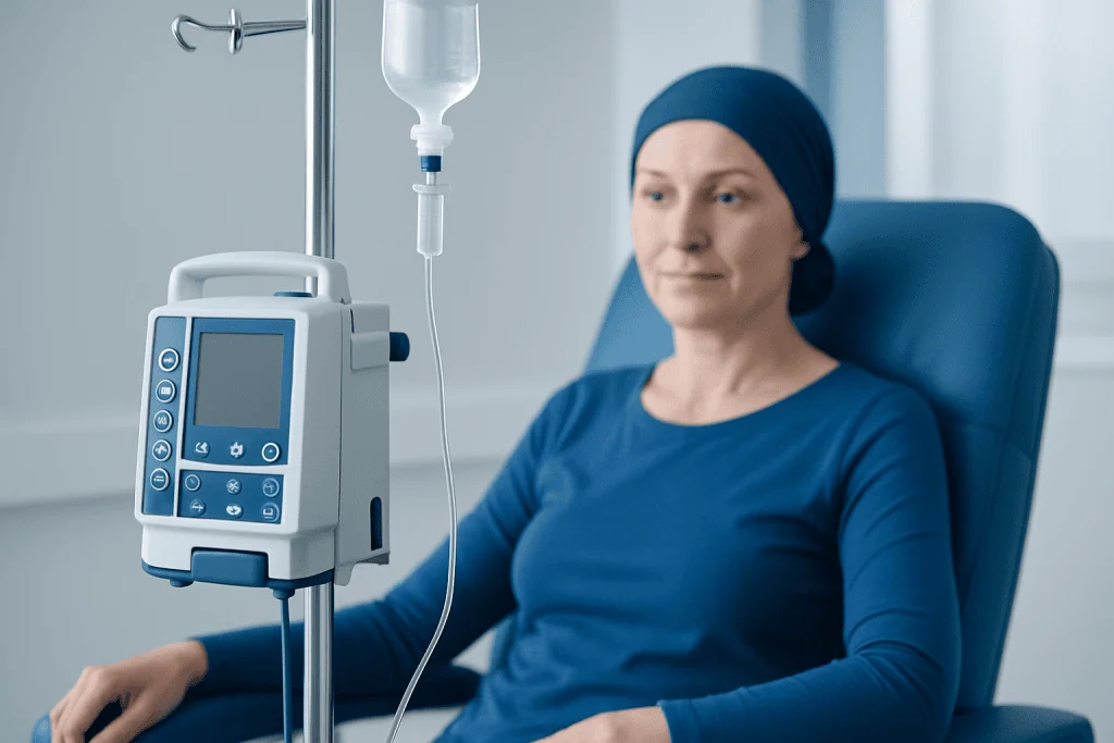 Patient receiving chemotherapy infusion at Acibadem Hospital.