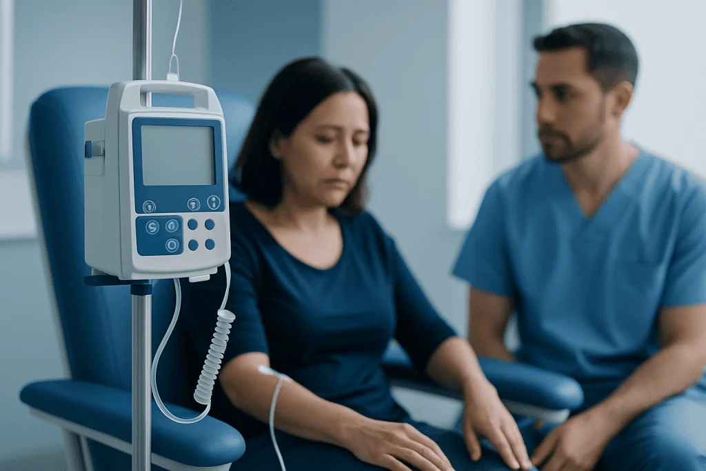 Patient receiving chemotherapy treatment in hospital setting.