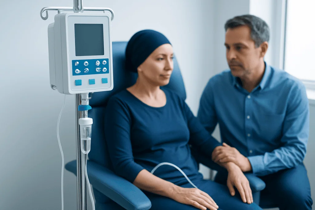 Patient receiving chemotherapy treatment in hospital with medical staff support.