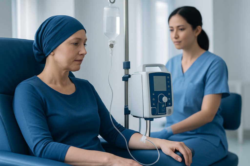 Patient receiving chemotherapy treatment in a hospital setting.