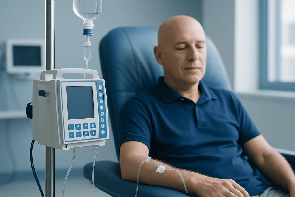 Patient receiving chemotherapy treatment in a hospital setting.
