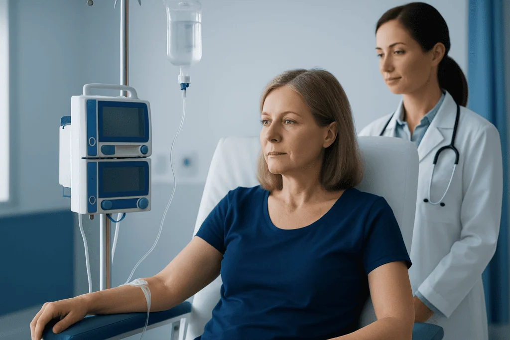 Patient receiving chemotherapy treatment in hospital with medical staff present.