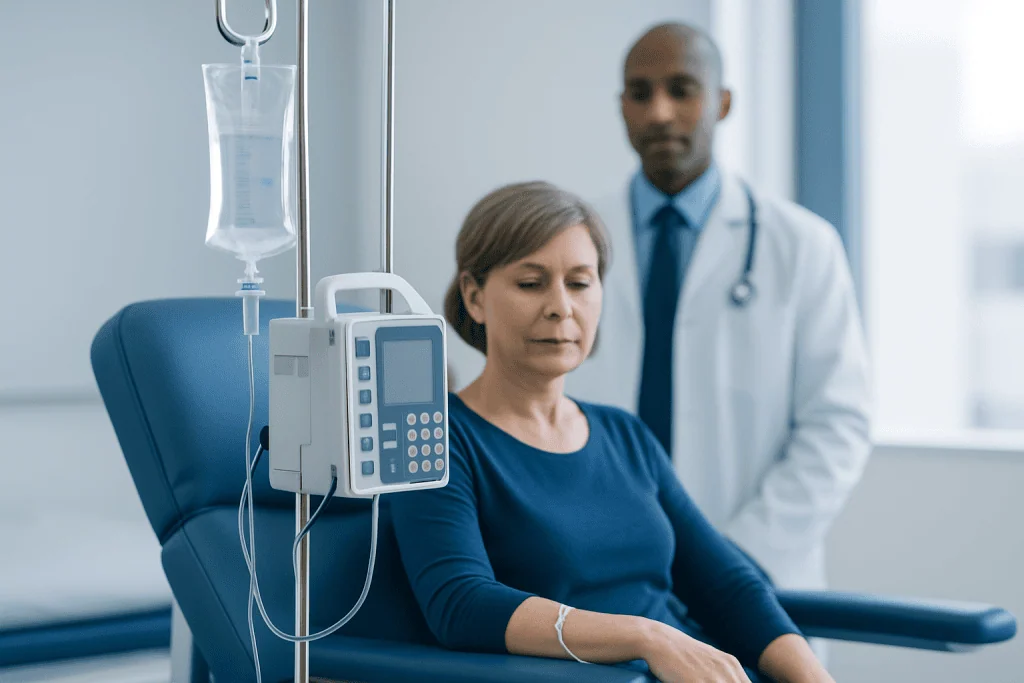 Patient receiving chemotherapy treatment in hospital setting.