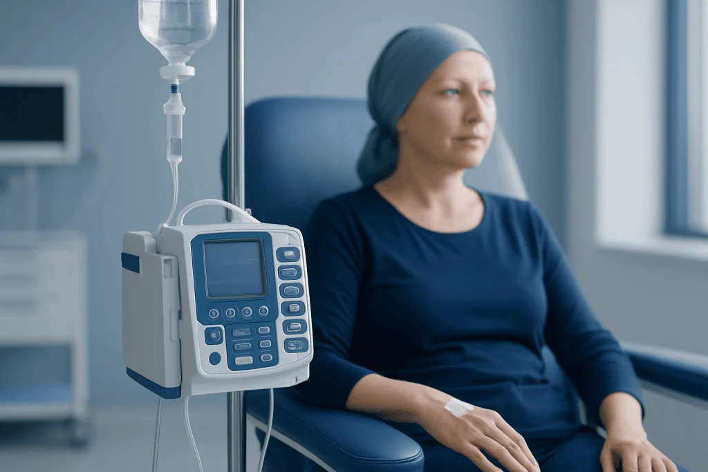 Woman receiving chemotherapy treatment in hospital.