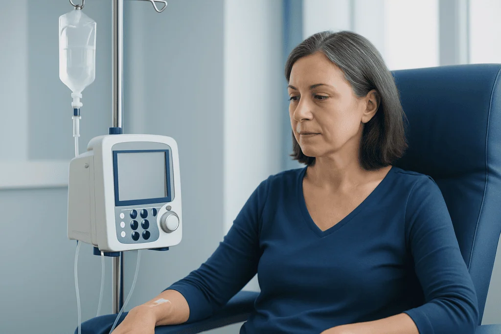 Woman receiving chemotherapy treatment in a hospital setting.
