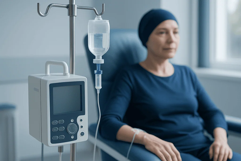Patient receiving chemotherapy treatment in a hospital room.