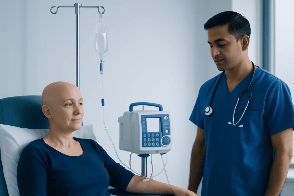 Patient receiving IV chemotherapy treatment in hospital room.