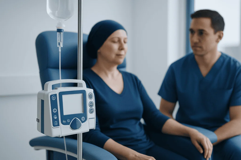 Patient receiving chemotherapy treatment in a hospital setting.