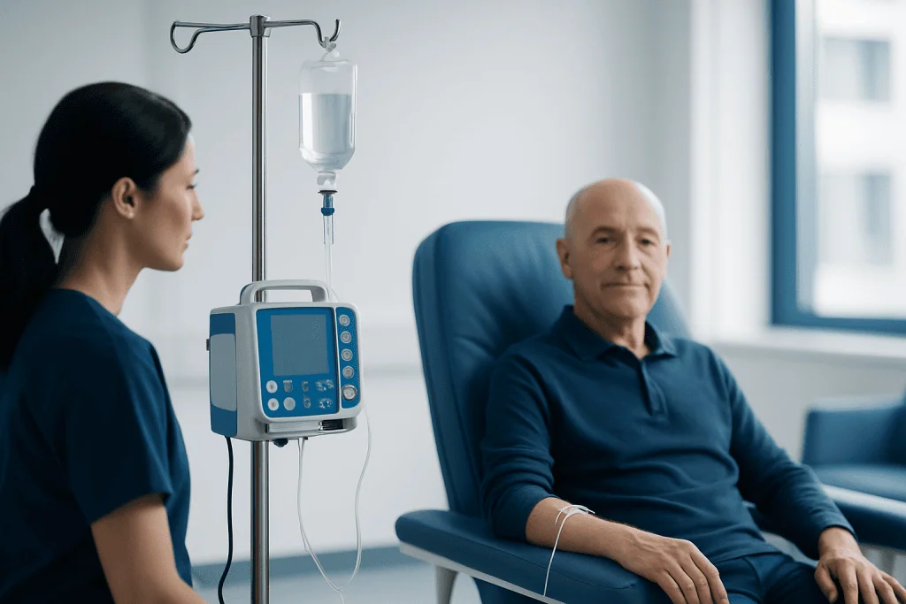 Patient receiving IV chemotherapy treatment at Acibadem Hospital.