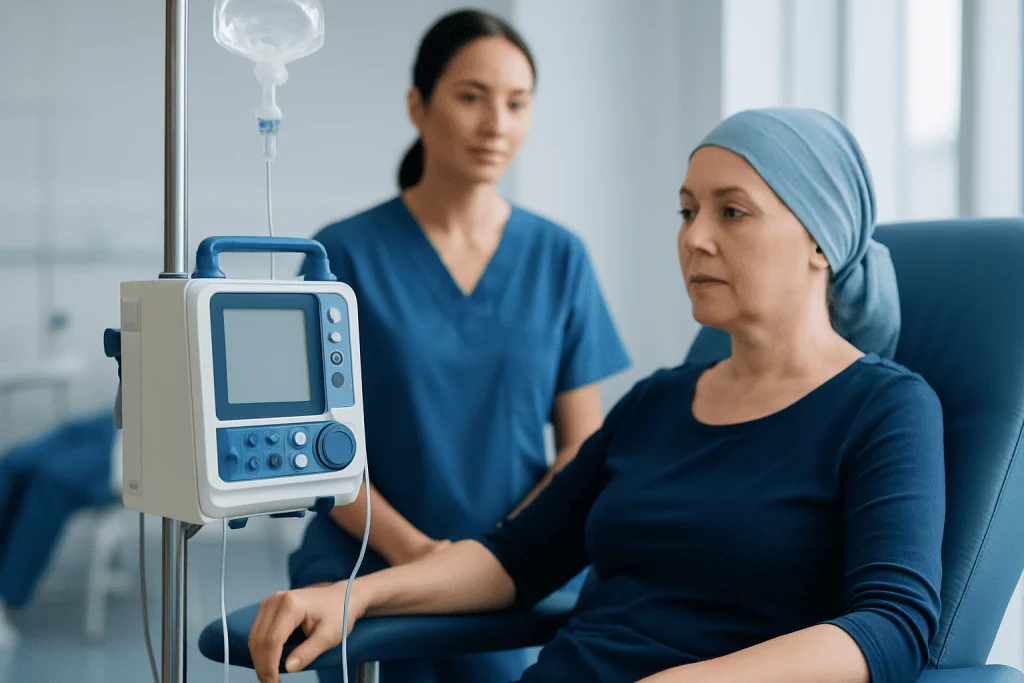 Patient receiving chemotherapy treatment at Acibadem Hospital.