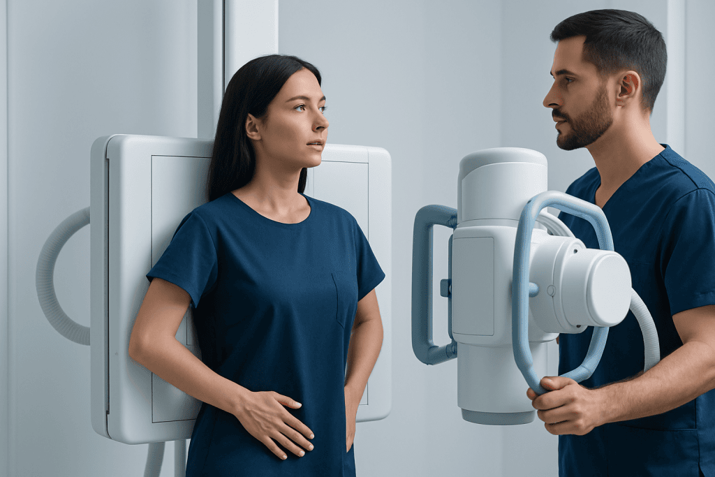 Medical professionals preparing for a chest X-ray in a hospital setting.