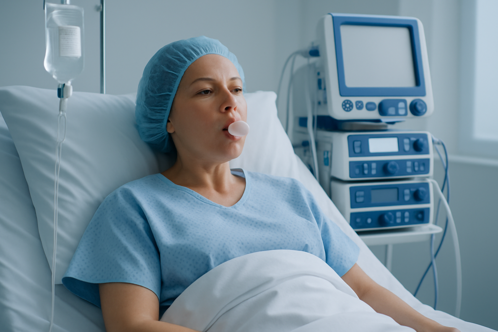 Patient in hospital bed chewing gum after surgery for recovery.