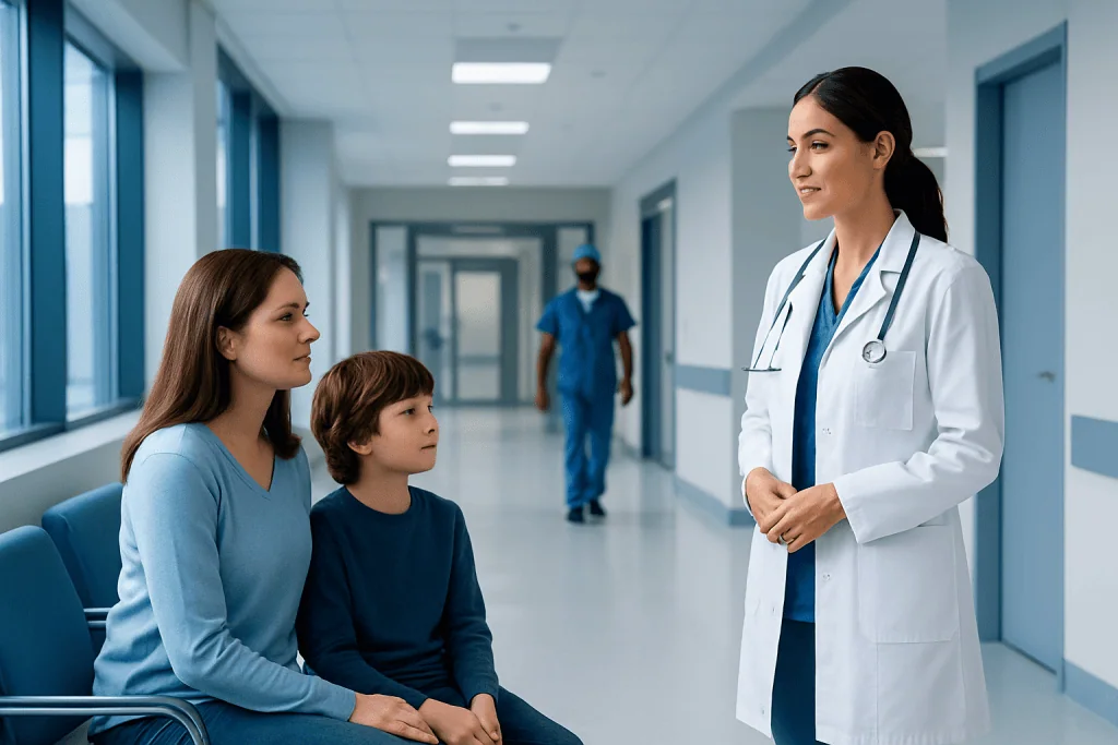 Childhood Bipolar Treatment: How It Works, Results and What to Expect 1 Doctor talking to mother and child in hospital corridor.