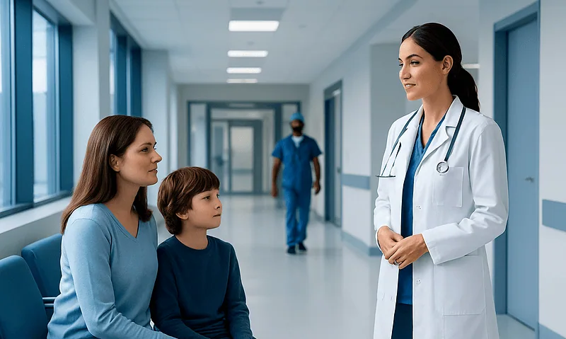 Doctor talking to mother and child in hospital corridor.
