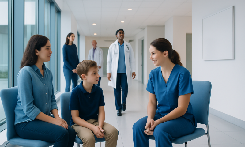 Children's ADHD therapy session with healthcare professionals at a hospital.