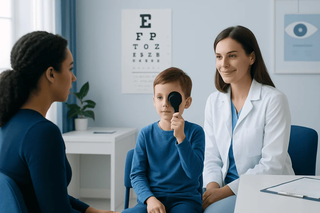 Child undergoing vision screening with an eye doctor and parent present.