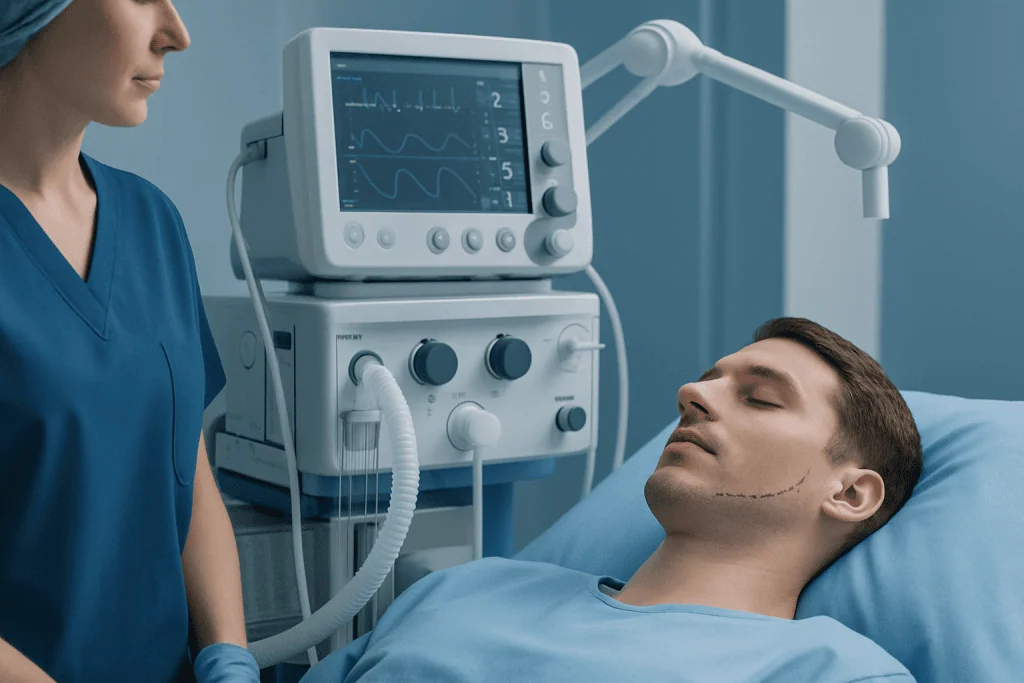 Patient undergoing a medical examination with ventilator and monitoring equipment.