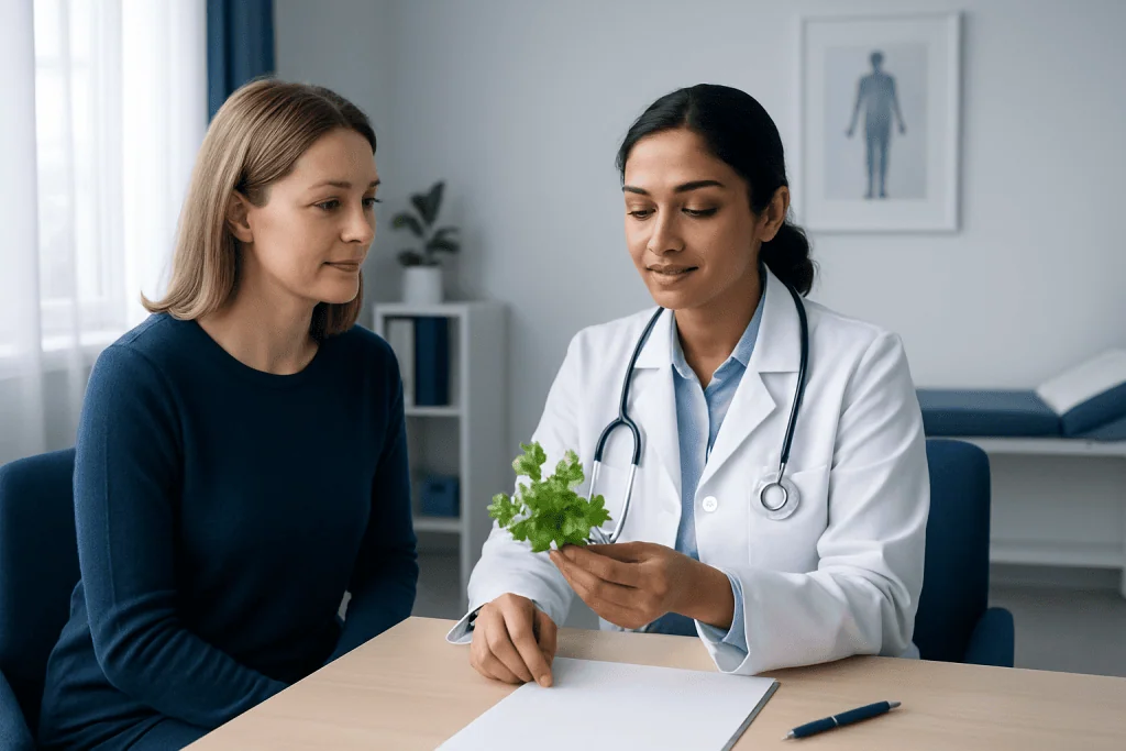 Doctor explaining cilantro benefits to a patient in a medical consultation.