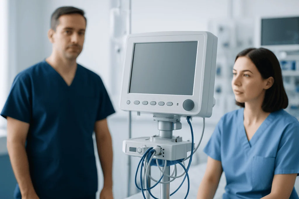 Medical professionals with monitoring equipment in a hospital setting.