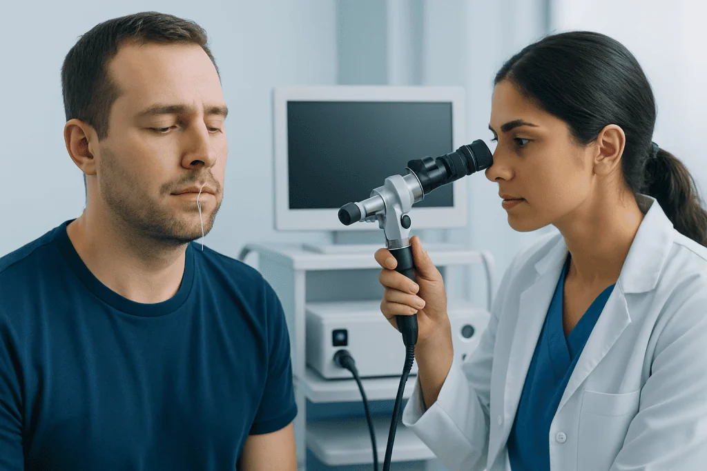 Doctor examining patient's nose with a medical otoscope in a clinical setting.