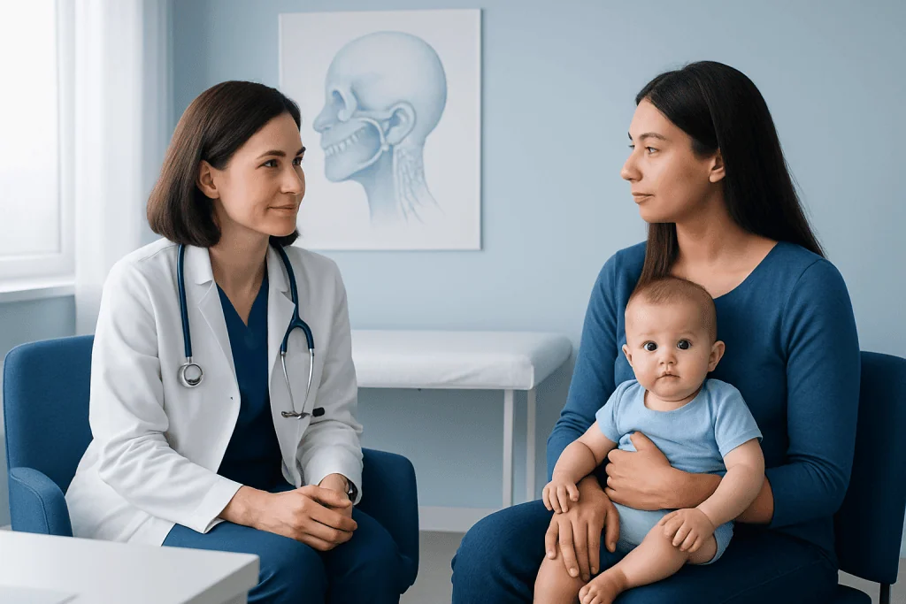 Pediatric consultation with a doctor and mother in a clinic setting.