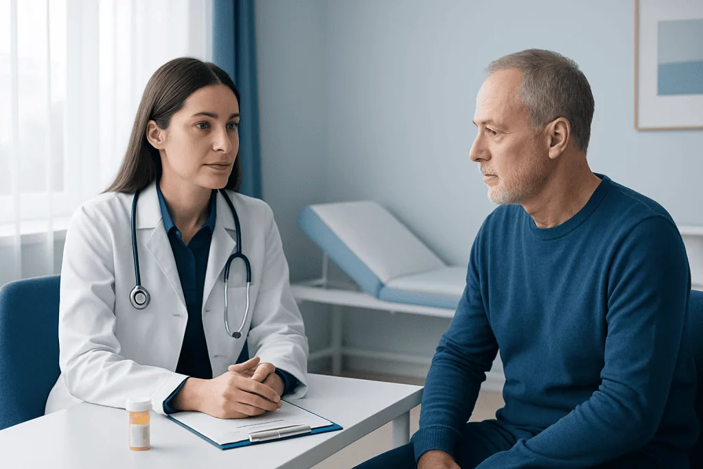 Doctor consulting with a male patient in a medical office.