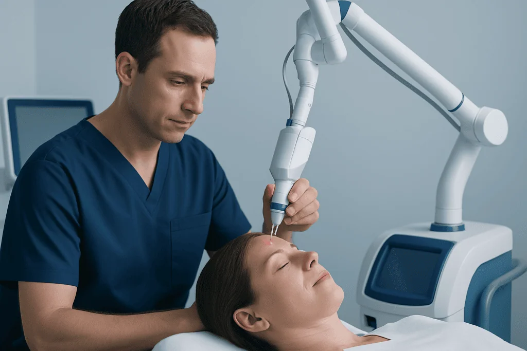 Doctor performing laser treatment on patient's skin in a clinical setting.