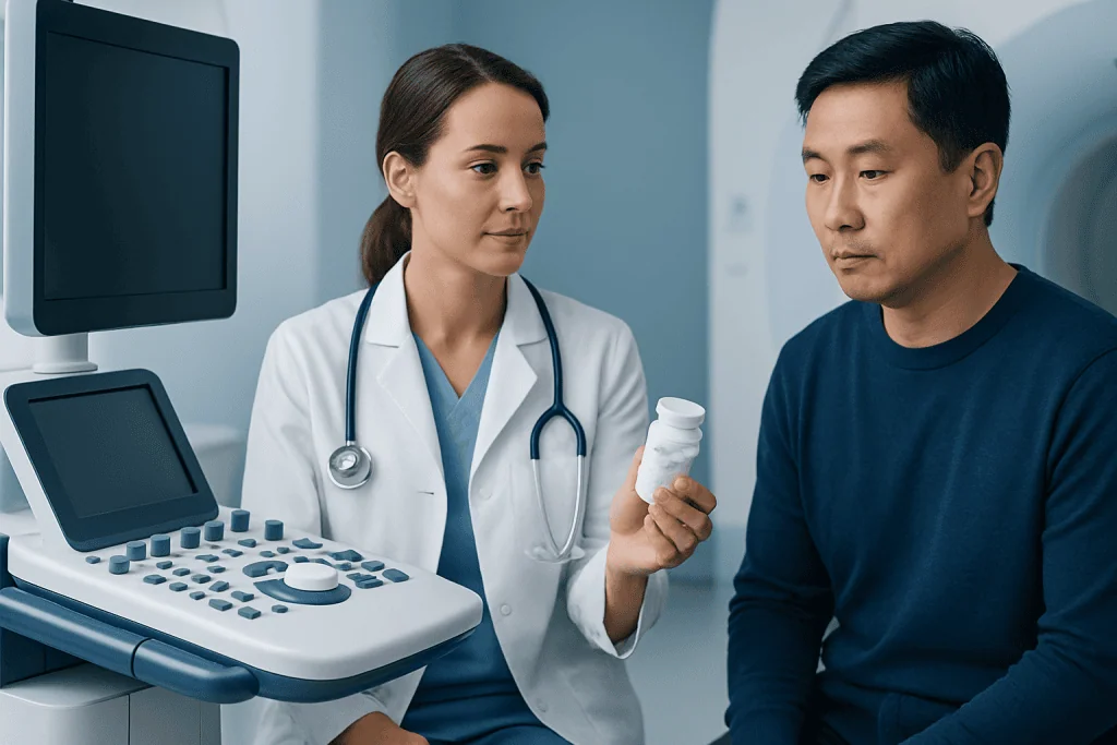 Doctor explaining medication to patient in a hospital setting.