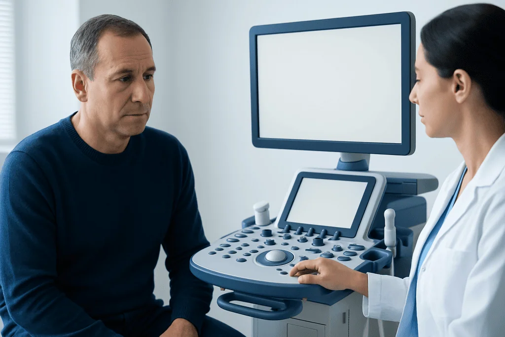 Doctor explaining ultrasound results to a patient in a medical clinic.