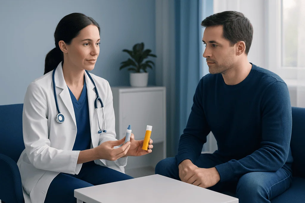 Doctor explaining medication options to a patient in a clinic setting.