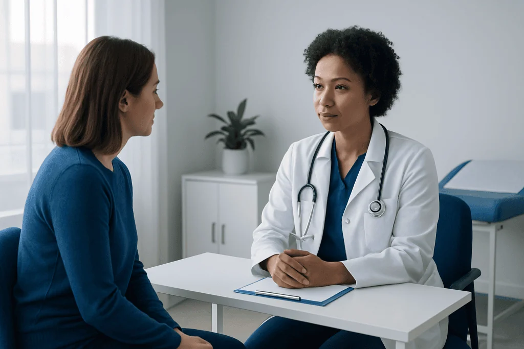 Doctor consulting with a patient in a modern medical office.