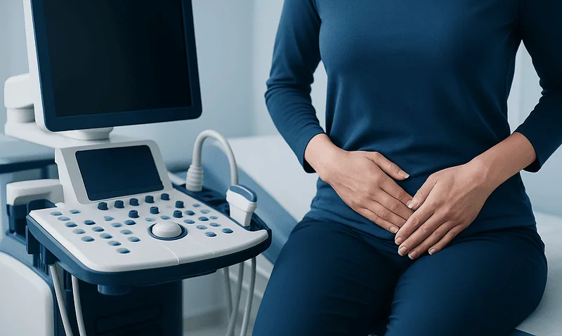 Woman at gynecological exam with ultrasound machine in clinic.