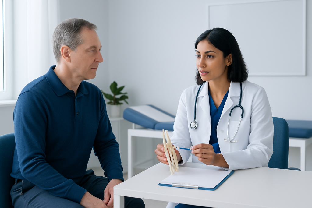 Doctor explaining Cmc Arthroplasty to patient in consultation room.