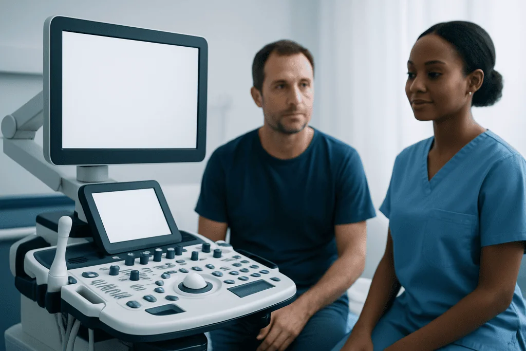 Medical consultation with ultrasound equipment in a hospital setting.