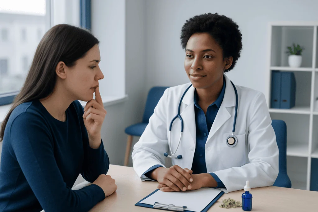 Doctor consulting a patient about cold sores treatment options.