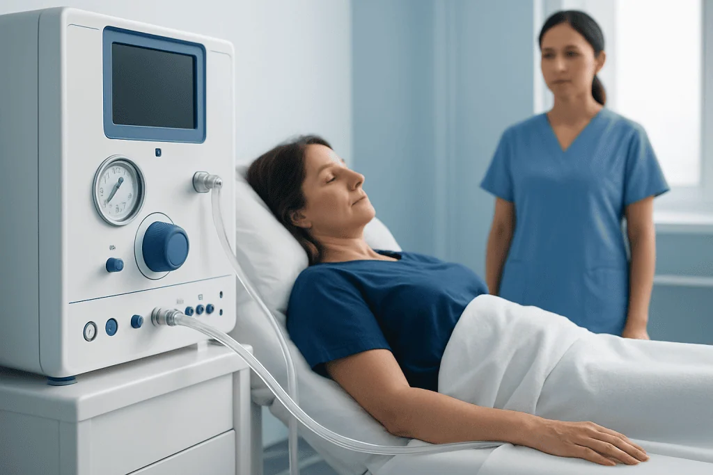 Patient undergoing colon therapy in a medical clinic with healthcare professional present.