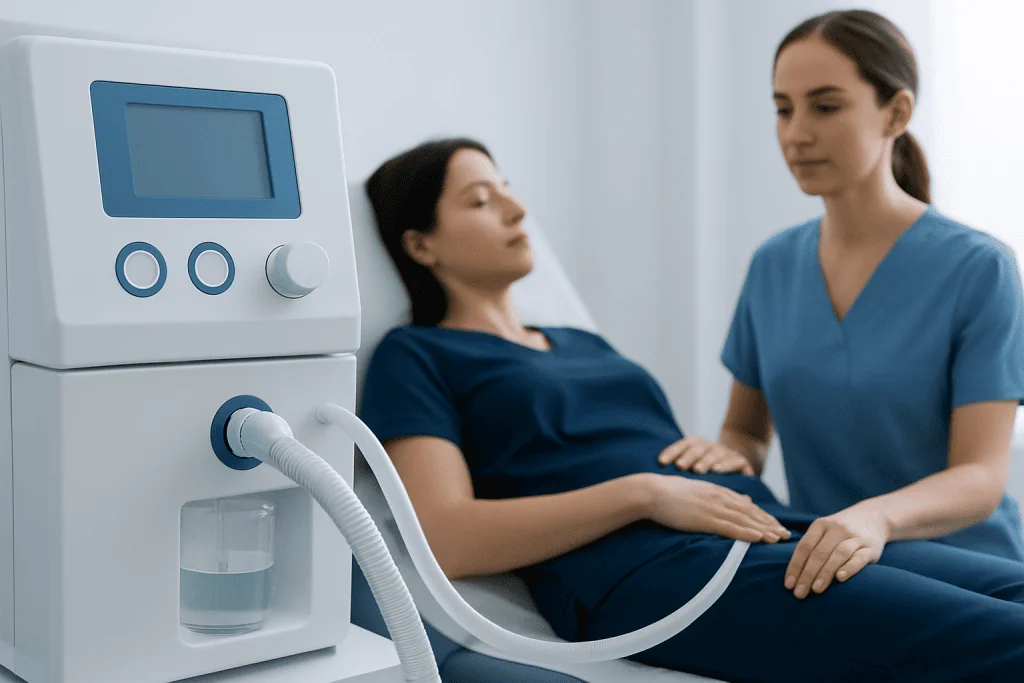 Patient undergoing colonic therapy with medical staff at a clinic.