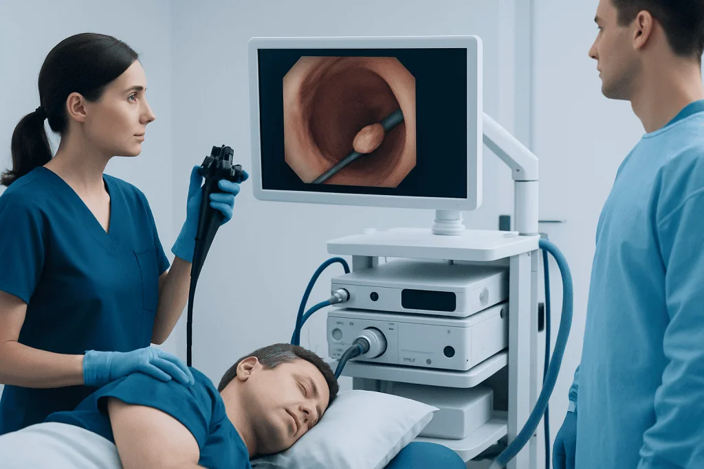 Endoscopy procedure being performed for colon health assessment.