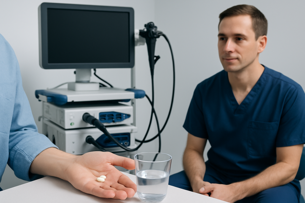 Doctor preparing pills for colonoscopy patient in a clinical setting.