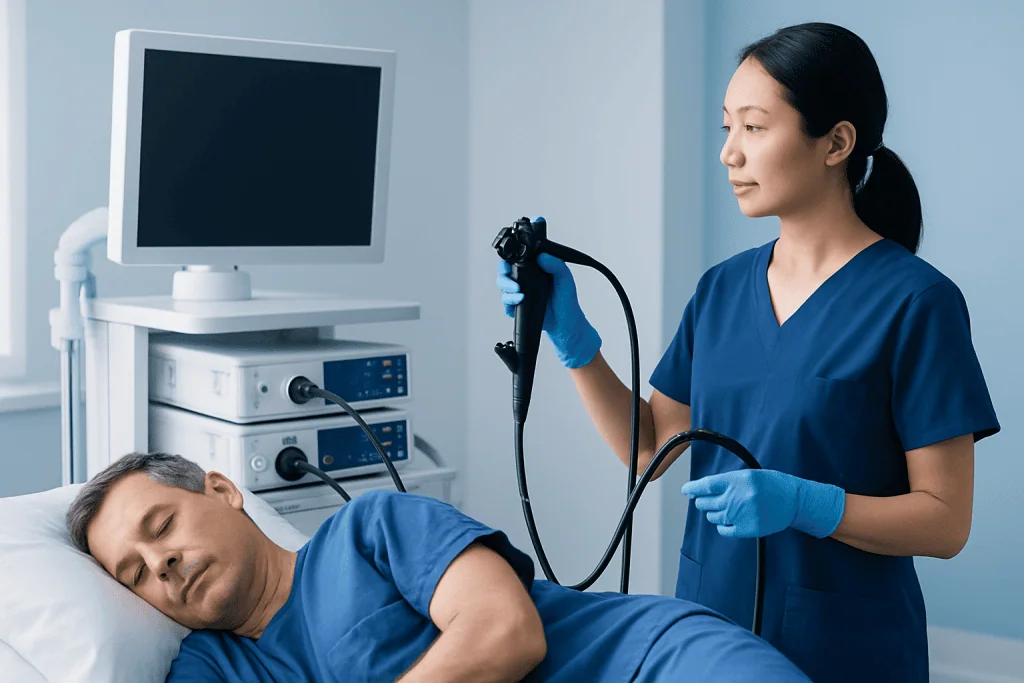 Endoscopy procedure being performed on a patient in a hospital setting.